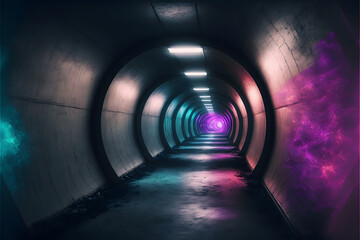 Futuristic Tunnel with Pink Neon Light Tubes in Grunge Tunnel Corridor - 3D Render