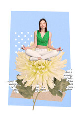 Vertical photo collage of young relaxed woman menstruation periods fingers together sit beautiful gerber meditate isolated on drawing background