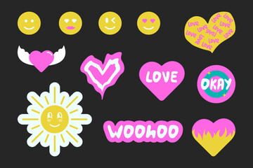 Collection of cute stickers. Funky, hipster stickers. y2k style.