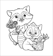 Cute racoon family to color in. Vector template for a coloring book with funny animals. Coloring template for kids.	