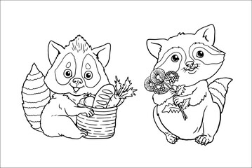 Cute racoon to color in. Vector template for a coloring book with funny animals. Coloring template for kids.	