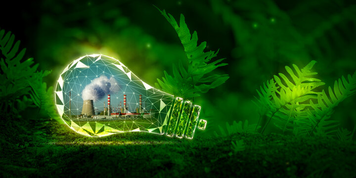 Reduction of CO2 in the atmosphere, environmental protection, carbon neutrality, ecology concept. Industrial pipes in symbolic light. Graphic design in photo