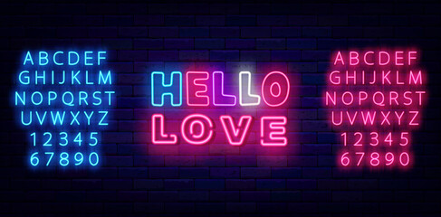 Hello Love neon label. Happy Valentines Day emblem. Luminous blue and pink alphabet. Vector stock illustration - obrazy, fototapety, plakaty