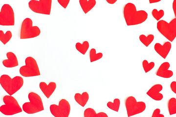 Valentine’s Day background with red cut out hearts. Marketing, wedding and email newsletter concept.
