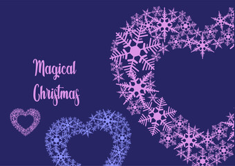 Horizontal holiday card in trendy purple colors with hearts made of snowflakes. Magical Christmas