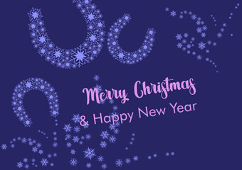Fototapeta na wymiar Horizontal holiday card in trendy purple colors with happy horseshoes made from snowflakes. Merry Christmas and Happy New Year