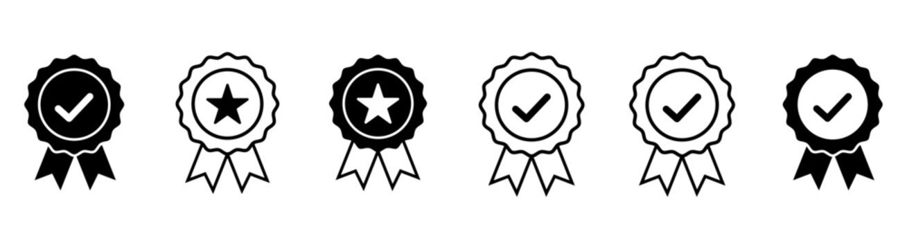 Approved or certified medal icon. Certified badge. Set approval check icon isolated, approved or verified medal icon.