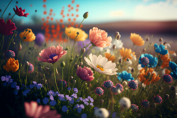 Fototapeta na wymiar Blossoming spring flowers on a meadow Generative AI