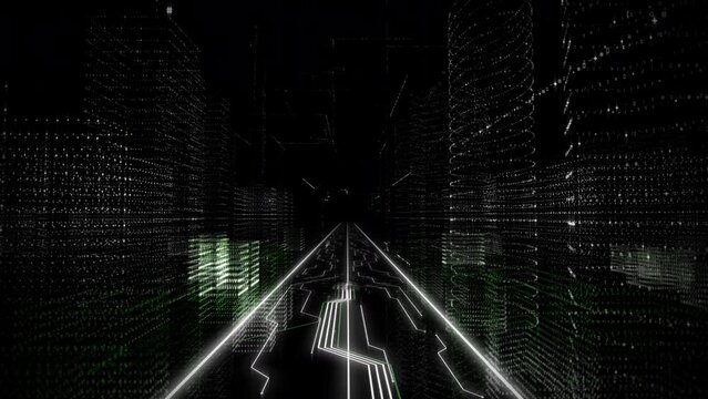 Digital Automatization Word Hologram Appears In Matrix Computer World. Hi-tech Neon Green Hologram On A Circuit City Road In Computer World. Sci-fi Hologram In Computer World Server. Motherboard