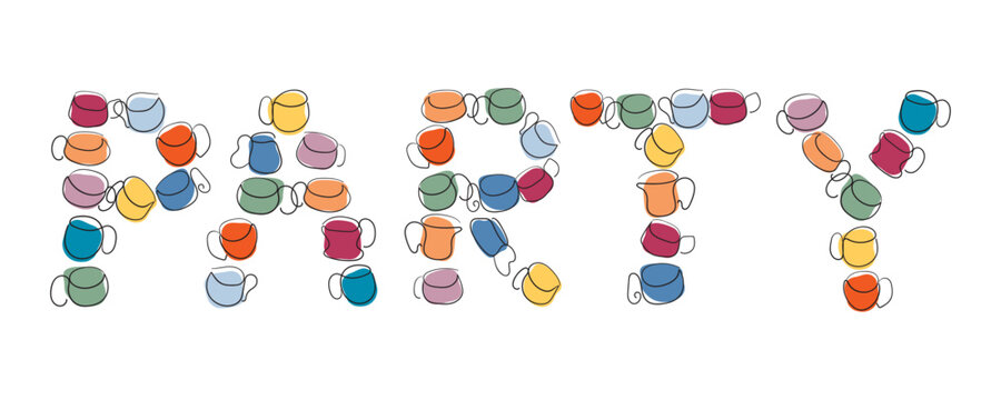 Word PARTY shaped with tea cups. Vector illustration isolated on white background.