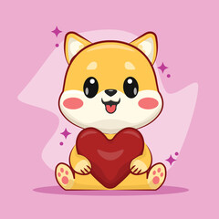 Lovely Cute Shiba With Heart Shape Cartoon Vector Icon Illustration. Animal Nature Icon Concept Isolated Premium Vector. Flat Cartoon Style