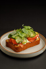 Toast with salmon with cucumber slices and parsley