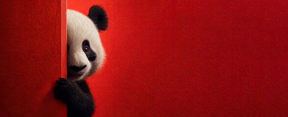 Fototapety  Panda cautiously peeks around a corner against a red background created with Generative AI technology. Copy space. 