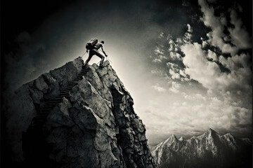 Man at the peak of a mountain. Ideas of struggle to reach success and aspiration for more