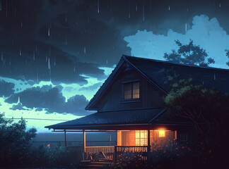 Japanese Houses and the Sound of Rain: A Match Made in Heaven Ai Generated Image.