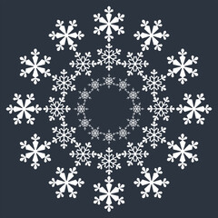 Circular pattern of white snowflakes on a dark gray background. Winter kaleidoscope from small to large snowflakes