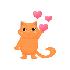 A ginger cartoon cat fell in love. Vector illustration. The cat holds a heart