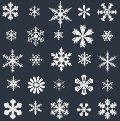 Lace pattern of white snowflakes on a dark gray background. A unique author's snowflake to decorate the winter holidays. Vector image of a Christmas symbol.