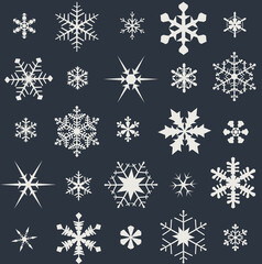 Lace pattern of white snowflakes on a dark gray background. A unique author's snowflake to decorate the winter holidays. Vector image of a Christmas symbol.