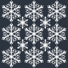 Naklejka na ściany i meble Lace pattern of white snowflakes on a dark gray background. A unique author's snowflake to decorate the winter holidays. Vector image of a Christmas symbol.