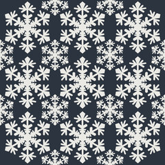 Lace pattern of white snowflakes on a dark gray background. A unique author's snowflake to decorate the winter holidays. Vector image of a Christmas symbol.
