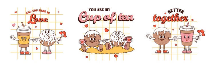 Retro groovy posters. Love concept. Happy Valentines day greeting cards in trendy retro 60s 70s cartoon style. Vector illustration in pink YELLOW colors. Card, postcard, print