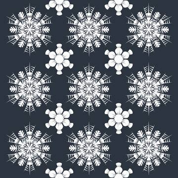 Lace pattern of white snowflakes on a dark gray background. A unique author's snowflake to decorate the winter holidays. Vector image of a Christmas symbol.