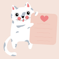 cute white cat holding a love letter for Valentine's Day. Vector illustration of a cat. Valentine's day, love letter, postcard, love, romance