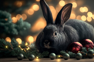 Fototapeta na wymiar Black rabbit on the background of lights of garlands and Christmas balls. Symbol of the new year 2023. Generative AI