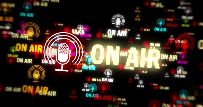 On Air symbol light flashing on screen. Fly between Radio live studio and podcast microphone icon. Loopable and seamless abstract concept.