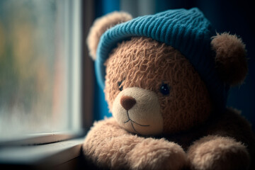 A sad teddy bear looks out the window. Concept of longing and loneliness. Generative AI