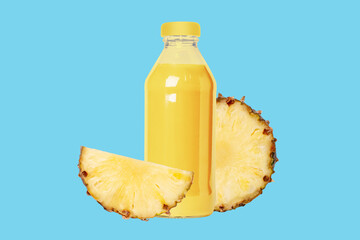 Bottle of freshly squeezed pineapple juice. Pieces of fresh juicy half pineapple, ring. On a blue background.