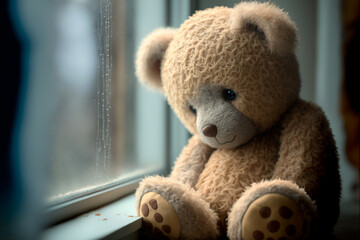 A sad teddy bear looks out the window. Concept of longing and loneliness. Generative AI