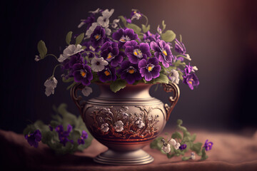 A magnificent bouquet of violets in a vase. Generated by Ai