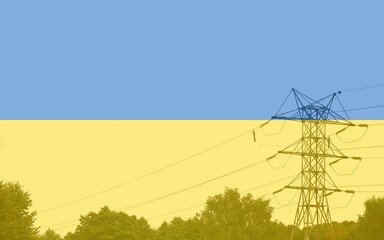 High voltage post or High voltage tower with Flag of the Ukrainian. Energy concept
