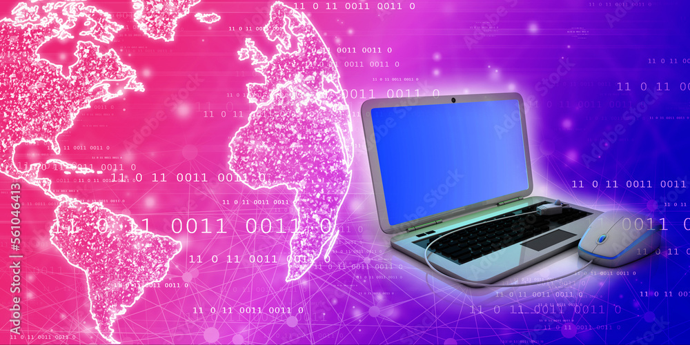 Poster 3d rendering laptop connected mouse