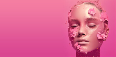 Female face with a closed eye hydratation close-up with pink flowers and water drops on her face. Wet skin on her face Futuristic Total pink illustration . pink background Horizontal banner