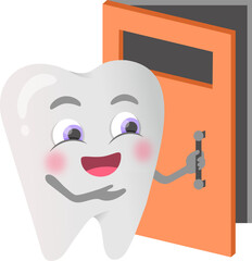 Cartoon tooth opens the door, enters or offers to enter your account