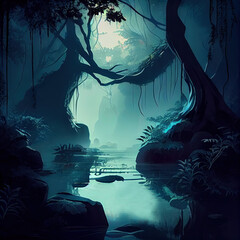 Night in the Woods, Misty Enchanted river - By Generative AI