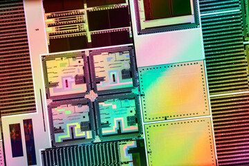 Silicon monocrystalline wafer with microchips manufacturing used in fabrication of electronic...