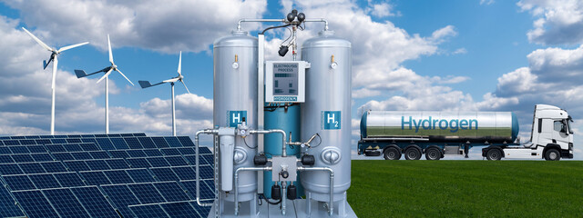 Hydrogen production from renewable energy sources and transportation by trucks. Green hydrogen...