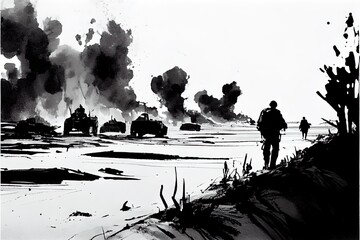 A black and white pen illustration of the Allied invasion of occupied France during Operation Overlord D-Day on the 6th of June 1944 in Normandy.