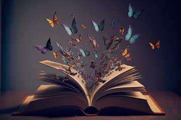 An open book with butterflies coming out of it ideal for fantasy and literature backgrounds.