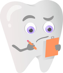 Thoughtful cartoon tooth with a notepad and a pen, checks an appointment with a dentist, checks notepad