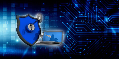 laptop with shield. Isolated 3d rendering image