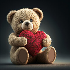 A children's toy fluffy Teddy bear holds a red heart in its paws. Generative AI, generative artificial intelligence