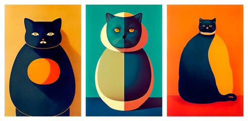 A set of three images of fat cats, drawing on a graphics tablet, computer graphics