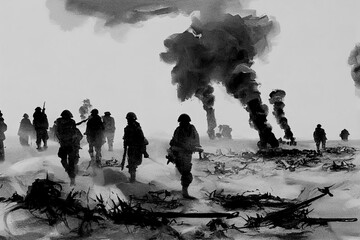 A black and white pen illustration of the Allied invasion of occupied France during Operation Overlord D-Day on the 6th of June 1944 in Normandy.