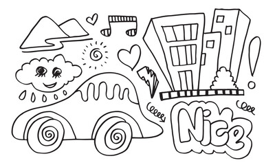 set of children drawings. Kid doodle. car, hill, cloud and other.