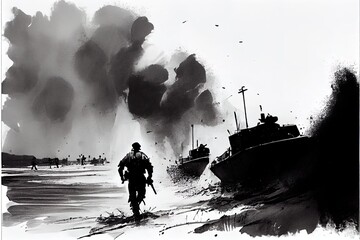 A black and white pen illustration of the Allied invasion of occupied France during Operation Overlord D-Day on the 6th of June 1944 in Normandy.
